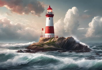 Obraz premium A red and white lighthouse stands on a rocky shore amidst turbulent ocean waves under a cloudy sky.