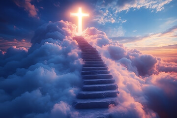 A cross in the sky, shining brightly, surrounded by clouds with stairs leading up to it. The colors are blue and white, in a hyper-realistic style