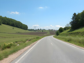 Fototapeta premium Road on green farm area, clear sky