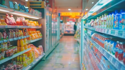 Fototapeta premium Blurred view of grocery store aisle with products