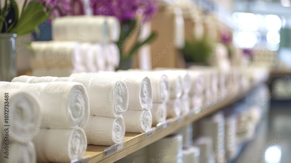 Poster white rolled towels arranged on store shelf with soft focus