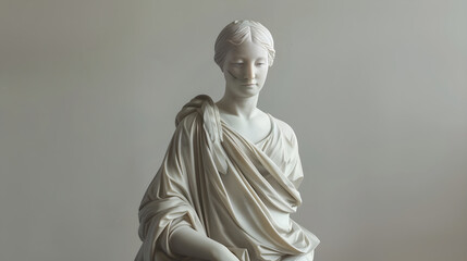 Elegant Marble Statue of a Serene Woman in Contemplative Pose Against Minimalist Background