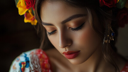 Naklejka premium A young woman embodies tradition with flowers in her hair for Mexican Independence Day celebrations