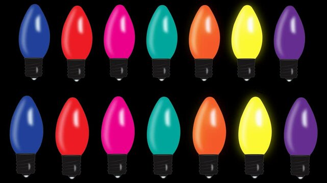 2 sets of flashing Holiday bulbs. 1 with wiring and one without. Transparent background so each bulb can be individually cropped to make it your own arrangement using After Effects/Premiere/similar 