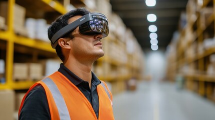 Warehouse worker using augmented reality headset for inventory management