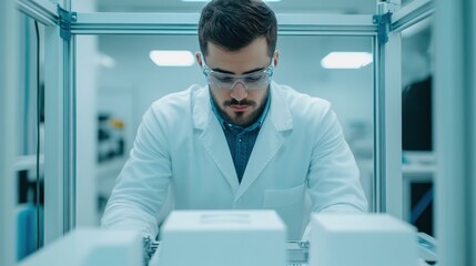Fototapeta premium Young scientist in lab coat carefully operating scientific equipment in a laboratory setting, focusing on research and development.