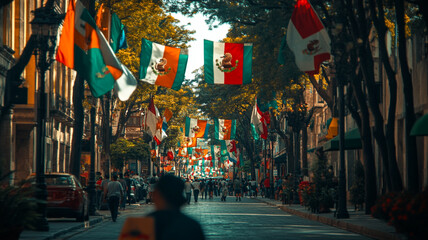Fototapeta premium Celebration of Mexican Independence Day with vibrant flags lining the streets in Mexico City