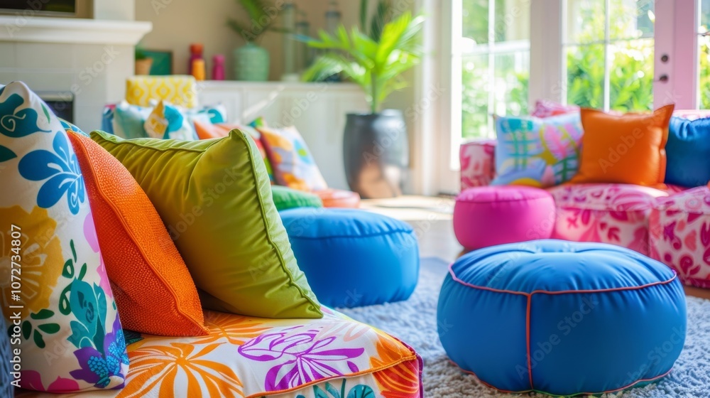 Poster a vibrant and colorful living room with a mix of differentsized inflatable chairs and ottomans addin