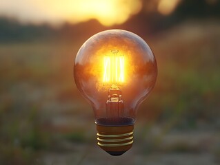A glowing light bulb suspended in a natural setting at sunset.