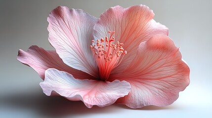 A single pink hibiscus flower with a delicate texture, blooming in the light.