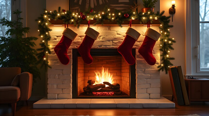 Modern fireplace with stockings, holiday garlands, and a flux glow effect