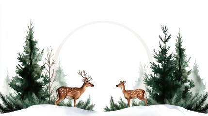 Two deer standing in a serene winter forest surrounded by snow and evergreen trees.