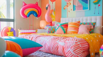 A vibrant Y2Kinspired bedroom featuring an array of inflatable decorations including a large pink flamingo floating above the bed and a colorful blowup chair in the corner.