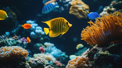 A vibrant yellow and black butterflyfish swims amidst colorful coral and other fish in a tropical reef.