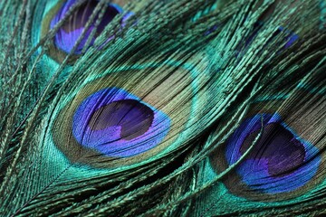 Beautiful bright peacock feathers as background, closeup