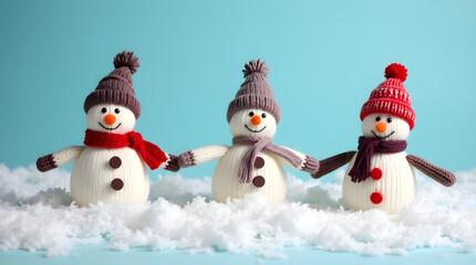 little knitted snowmans on soft snow on blue background