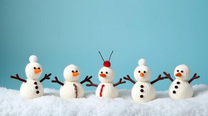 little knitted snowmans on soft snow on blue background