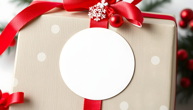 Round white sticker mockup for Christmas gift, empty adhesive name or greeting label on gift box isolated with white highlights, png