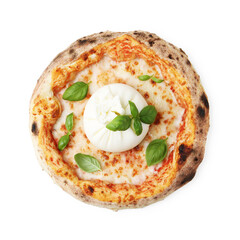 Delicious pizza with burrata cheese and basil isolated on white, top view
