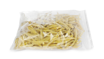 Frozen yellow beans in plastic bag isolated on white