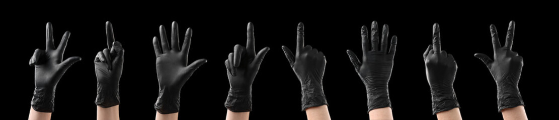 Hands in black gloves showing different gestures on black background, collage