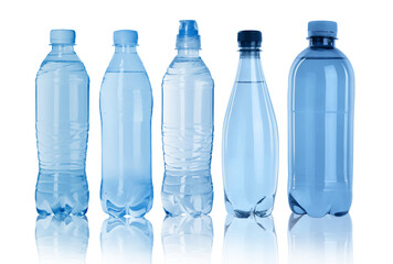 Different plastic bottles with water on white background