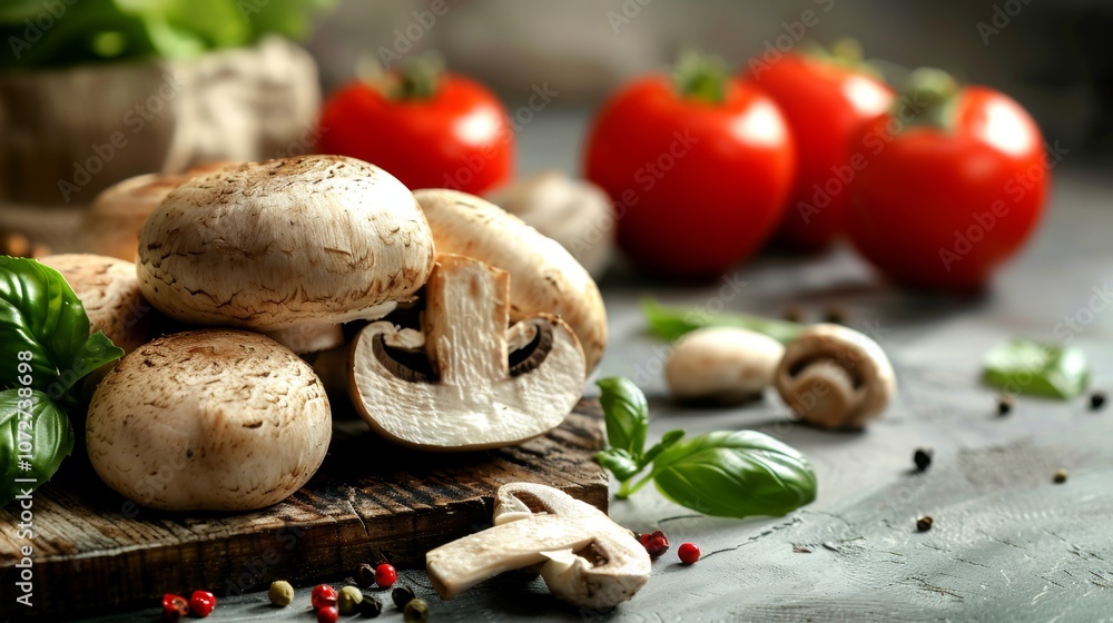 Poster fresh mushrooms with basil and tomatoes on rustic background
