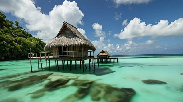 a serene tropical beach scene featuring a wooden boardwalk leading to two thatched-roof huts over turquoise water