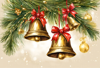 Golden Christmas bells with bows hanging from a pine branch, surrounded by festive ornaments and snowflakes, creating a holiday atmosphere.