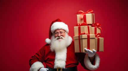 Santa Claus with a lot of gifts on a red background.