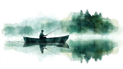 Green watercolor painting of a man sitting in a boat and fishing at lake