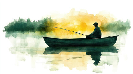 Green watercolor painting of a man sitting in a boat and fishing at lake