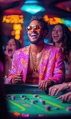 Fototapeta premium Winning joy: a beaming individual celebrating a lucky win at the casino, with emotions of exhilaration and disbelief, as the rush of excitement spreads through the lively gaming environment.