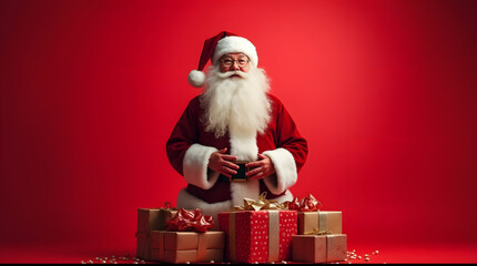 Santa Claus with a lot of gifts on a red background.