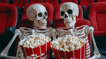 Skeletons in cinema seats with popcorn – funny Halloween movie night concept.