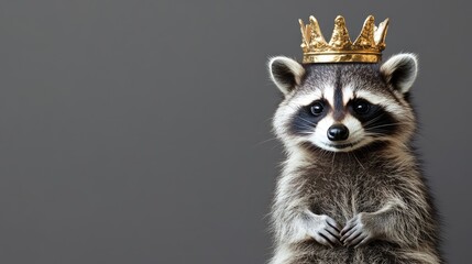 Fototapeta premium Adorable raccoon wearing a golden crown, exuding a regal charm in a minimalist gray background, perfect for whimsical or playful visuals in various creative projects.