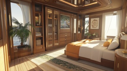 Fototapeta premium Luxurious Bedroom Interior with Wooden Finish and Ocean View, Featuring Contemporary Design Elements and Abundant Natural Light for Relaxation and Comfort