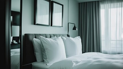 Fototapeta premium Cozy and Modern Hotel Bedroom with Elegant Decor, Soft Lighting, and Plush Bedding, Perfect for Relaxation and Comfort in a Contemporary Space
