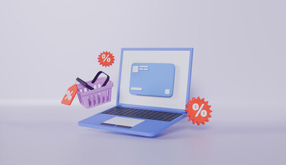 Shopping online with laptop, credit card and basket shopping