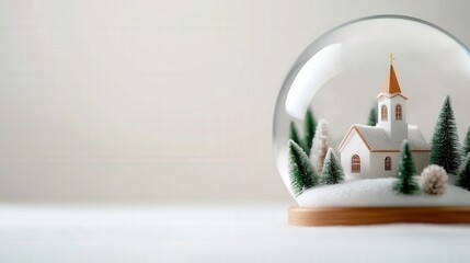 A serene snow globe featuring a charming church surrounded by evergreen trees.
