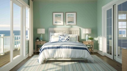 This coastal bedroom is the epitome of relaxation featuring a pale sea green accent wall a plush white duvet cover with navy and white cabana stripes and a gorgeous view of the ocean