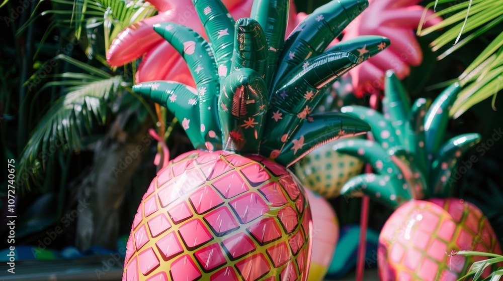 Poster an inflatable palm tree adorned with bright pink pineapples and a faded retro color scheme. perfect 