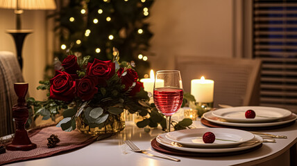 Naklejka premium Festive date night tablescape idea, dinner table setting for two and Christmas, New Year, Valentines day decor, English countryside home styling