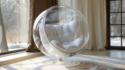 A whimsical bubble chair with a clear plastic shell that allows for a floating effect as you sit.
