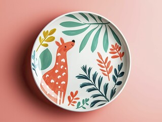 Ceramic toast plate featuring a whimsical animal design, hand-painted with bright colors, solid coral background