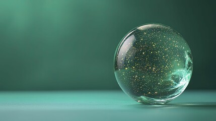Crystal ball with a swirling mist effect, dotted with tiny shimmering stars, set against a vivid emerald green backdrop.