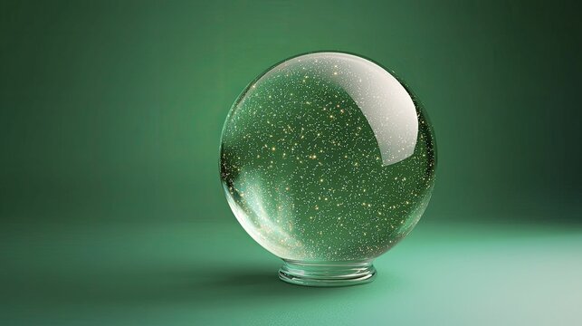 Crystal ball with a swirling mist effect, embedded with tiny glowing stars, solid emerald green background