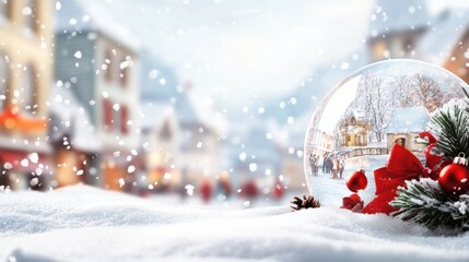 A snow globe showcasing a winter village scene amidst falling snowflakes.