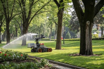 A robotic lawn care machine efficiently waters grass in a city park during a sunny afternoon
