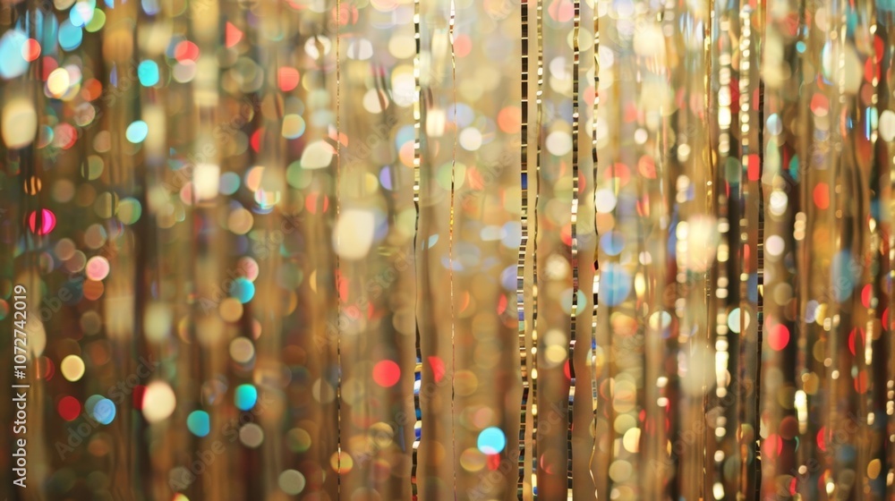 Poster a shimmering curtain of metallic streamers cascading from the ceiling giving the illusion of floatin